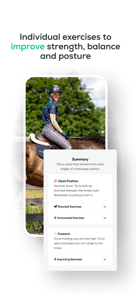 Ridesum - Ridesum app screenshot showing AI Seat Analytics with skeletal tracking and personalized feedback on a horse rider's posture