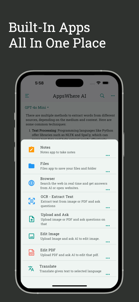AI GPT Chat Bot - AppsWhere - Screenshot der AppsWhere AI App, die eine Liste integrierter Tools zeigt, darunter Notizen, Dateien, Browser, OCR und Übersetzungsfunktionen.