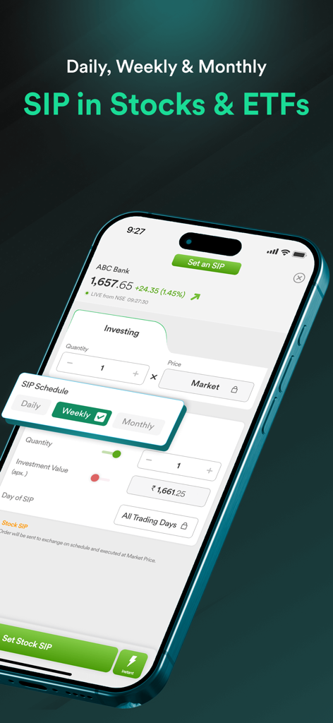 Dhan: Share Market Trading App - Dhan app screen for setting up daily weekly or monthly stock SIPs