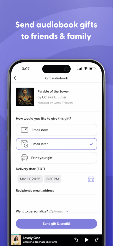 Interface of the Libro.fm app showing options to send an audiobook gift by email or print.
