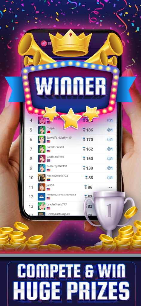 Pantalla de tabla de clasificación de la aplicación móvil Skillz Trivia Showdown con un banner de ganador y monedas de oro