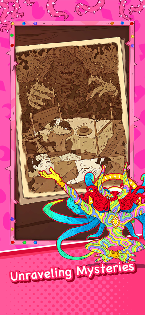 Dicey Elementalist - A colorful multi-armed character presenting a story illustration of a monster above the text Unraveling Mysteries.