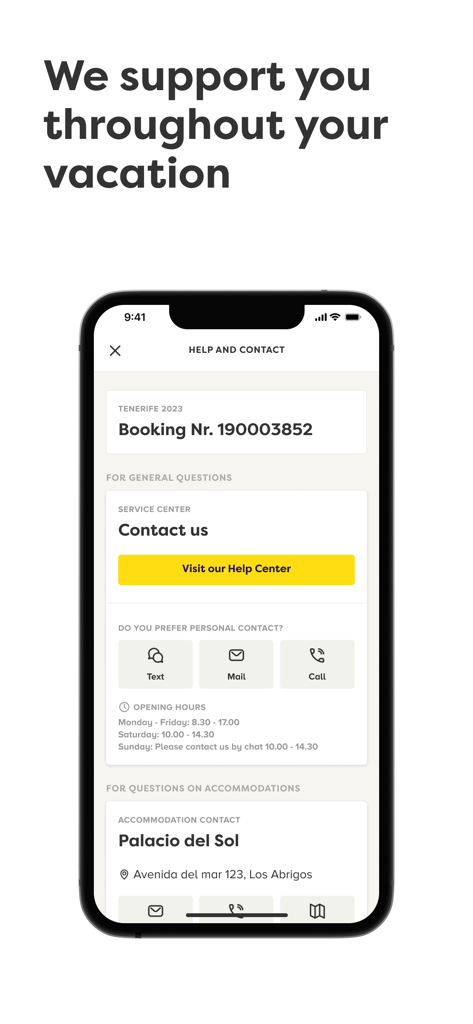 My Apollo - My Apolloアプリのヘルプと連絡先画面。予約サポートと現地の宿泊施設情報が表示されています。