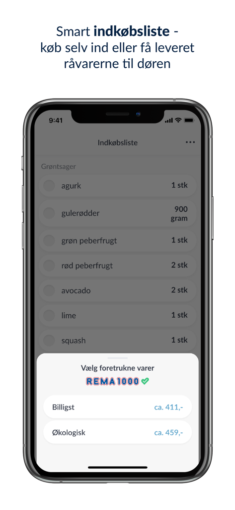 Mambeno: Madplan og opskrifter - Mambeno app interface displaying a digital grocery shopping list with price comparison for budget and organic options.