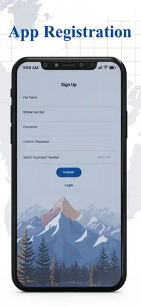 Tourist Care Uttarakhand - Registration screen for the Tourist Care Uttarakhand app showing the sign up form with a mountain landscape background.