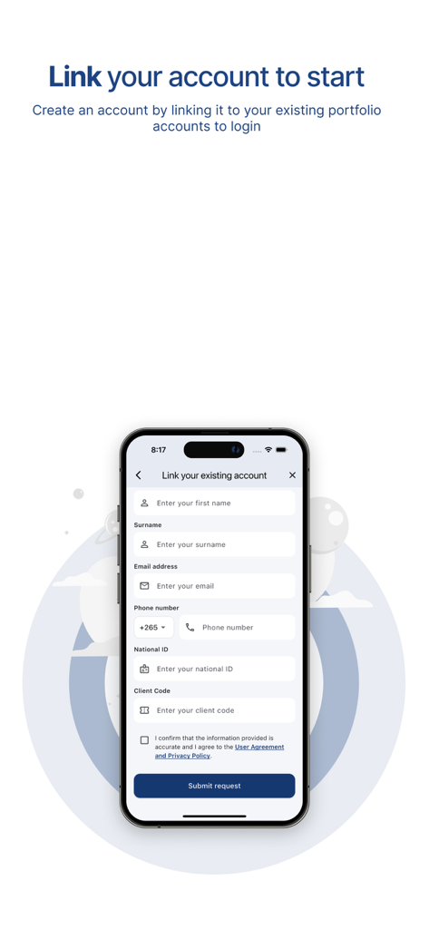 NICO Asset Managers App - Registration form for linking an existing investment portfolio account in the NICO Asset Managers mobile app.