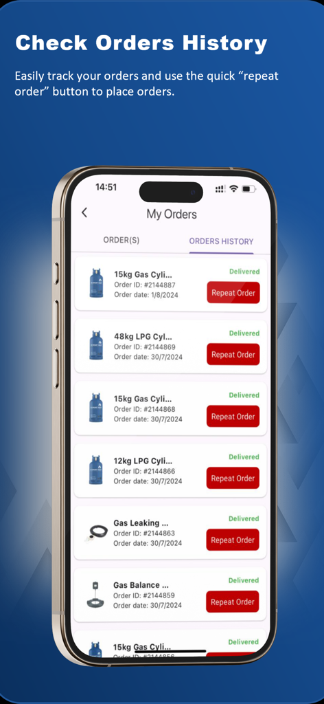 Order history screen of the D SMART GAZ app showing previous LPG deliveries and a repeat order button