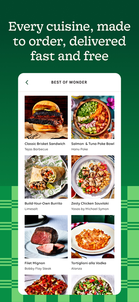 Wonder: Food Delivery - L'app di delivery di cibo Wonder che mostra un menu vario di cucine firmate da chef da diversi ristoranti