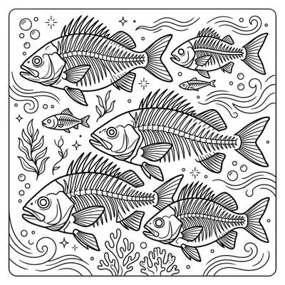 Explore the serene depths with this unique fish skeleton coloring page, specially designed for seniors. Its large, clear outlines invite a calming and enjoyable creative experience, fostering relaxation and cognitive engagement.