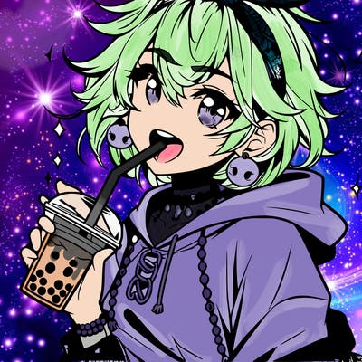hot baddie anime girl drinking boba and biting the straw