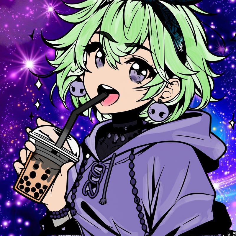 hot baddie anime girl drinking boba and biting the straw