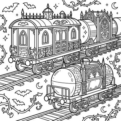 Embark on a creative journey with our unique Gothic Freight Cars coloring page, perfect for young artists who love a touch of mystery. This charming design combines detailed train cars with spooky Victorian elements like bats, gargoyles, and ornate windows, promising hours of engaging fun.