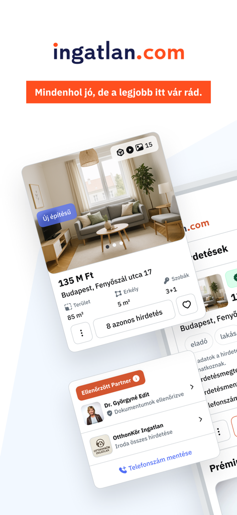 ingatlan.comアプリのモバイルインターフェース。ブダペストの物件リストが価格と特徴とともに表示されています。