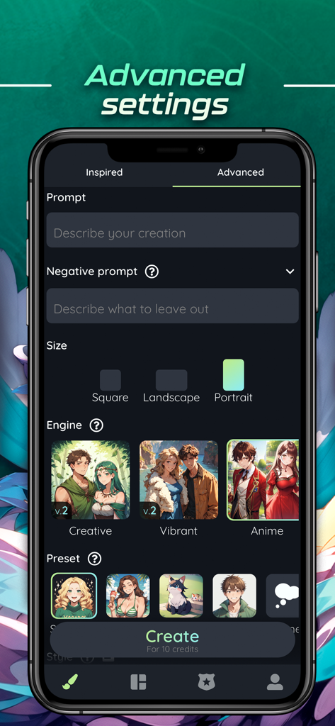 Otaiku app advanced settings interface for generating AI anime art with custom prompts and styles