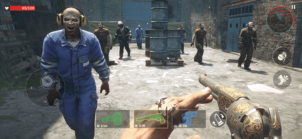 First person shooter perspective of a player aiming a gold revolver at approaching zombies in an industrial setting