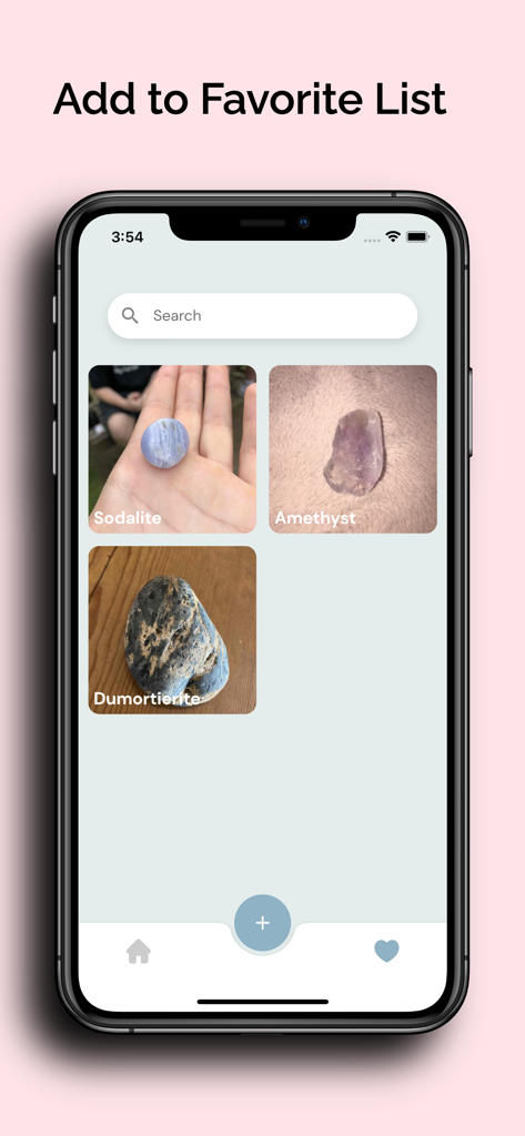 Stone Identifier : Rock finder - A mobile app screen showing a curated collection of identified rocks and crystals in a favorites list.