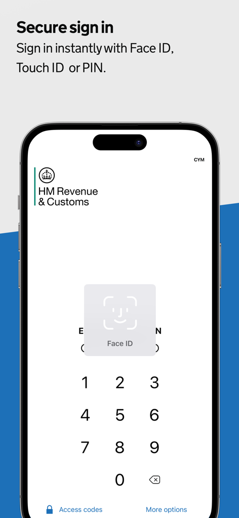 Tela de login do aplicativo móvel da HMRC com autenticação biométrica Face ID e um teclado numérico
