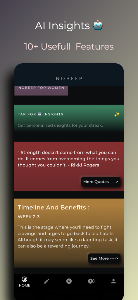 Interfaz de la aplicación NoBeep que muestra información de IA, citas motivacionales y una línea de tiempo de progreso para el seguimiento de hábitos