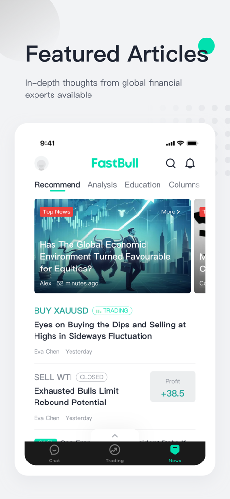 FastBull:Finance Charts & Chat - Interfaz de la aplicación FastBull que muestra artículos financieros destacados y perspectivas de trading de expertos.