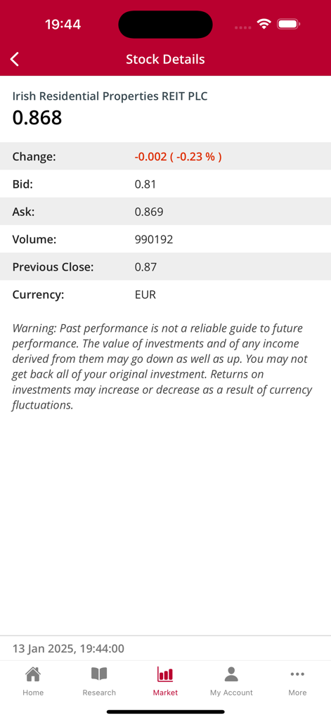 Davy - Captura de pantalla de la aplicación Davy que muestra los detalles de las acciones de Irish Residential Properties REIT PLC con el precio y el volumen del mercado.