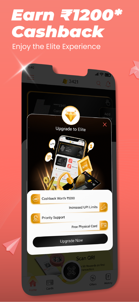 OmniCard mobile app screen showing Elite upgrade benefits including cashback and increased UPI limits