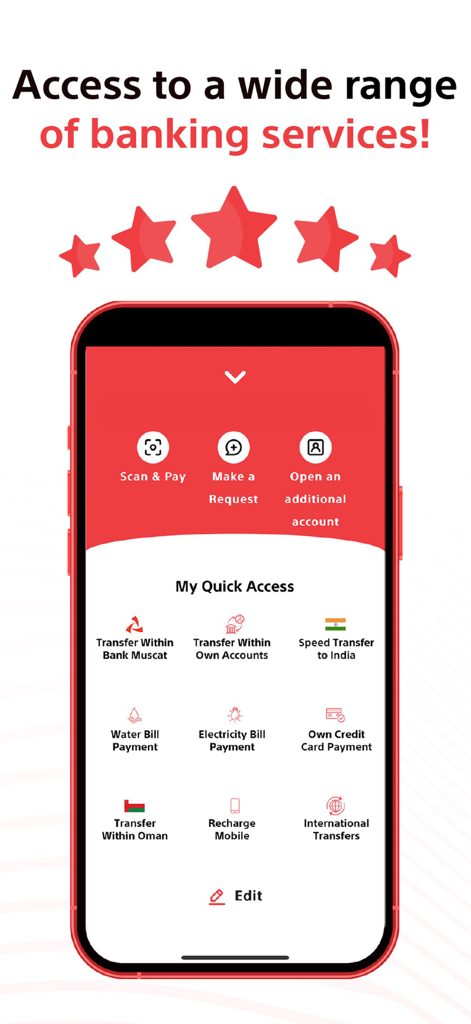 Bank Muscat Mobile Banking - Bank Muscat モバイルバンキングアプリの画面。国際送金と請求書支払いのクイックアクセスショートカットが表示されています。