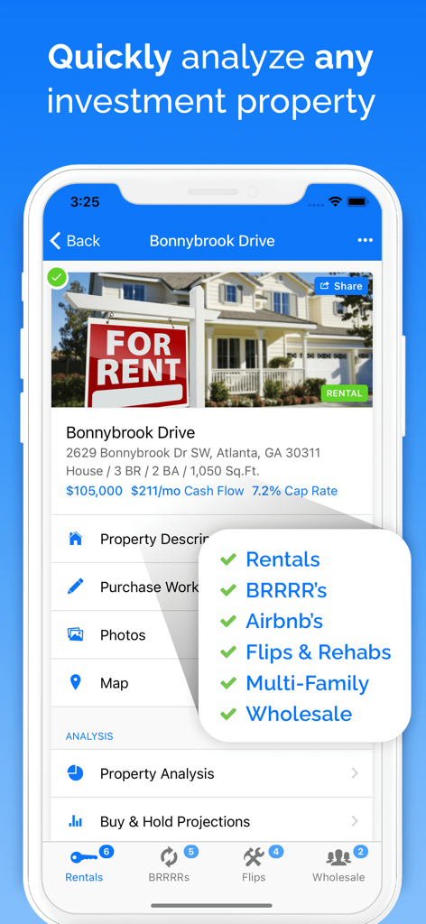 DealCheck: Analyze Real Estate - キャッシュフローとキャップレートの計算を含む投資物件分析を表示するDealCheckモバイルアプリのダッシュボード