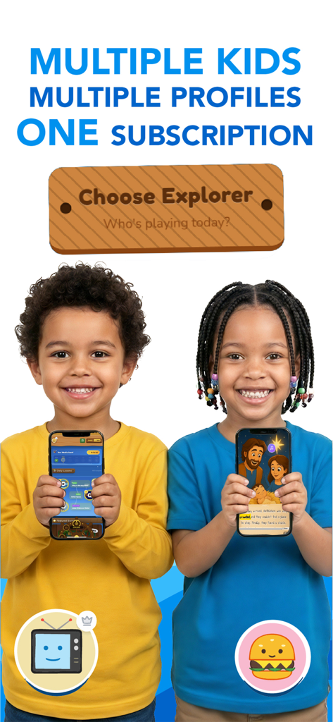 Godly Kids: Bible app for kids - Two smiling children holding smartphones showing the Godly Kids app with its multiple profiles feature