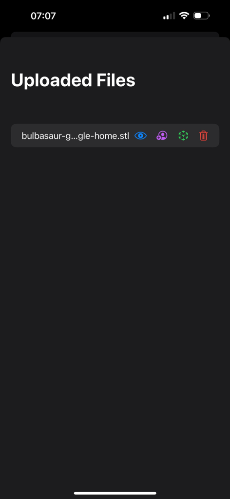 3D STL/OBJ Viewer - Pantalla que muestra una lista de archivos 3D STL subidos con opciones de gestión como ver y eliminar