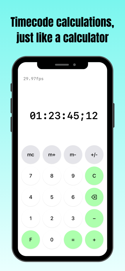 tcCalc app screenshot showing timecode calculation interface on an iPhone