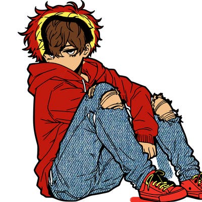 a male hoddie ripped jeans messy hair anime