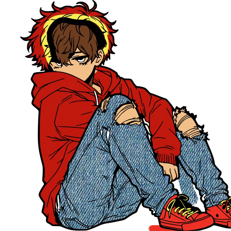 a male hoddie ripped jeans messy hair anime