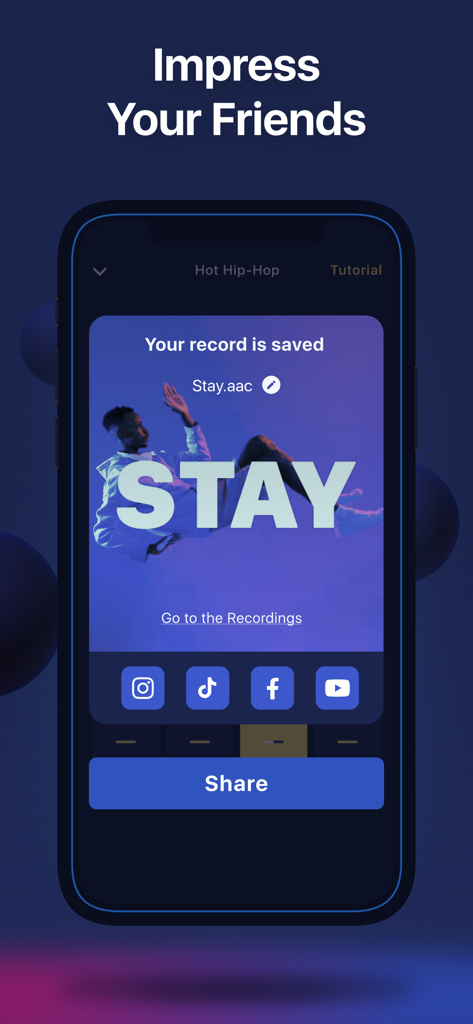 Beat maker • Music maker APP - Musixxアプリからのスマートフォンのインターフェイスで、TikTok、Instagram、YouTubeで共有するオプションが表示された保存された音楽録音を表示しています。