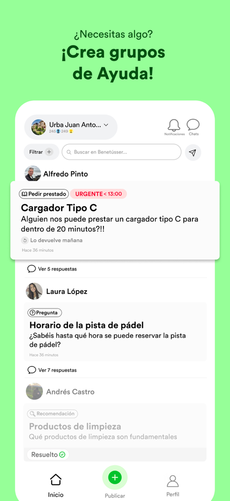 Nidit - Nidit mobile app screen showing a feed of organized community help requests including borrowing items and local recommendations