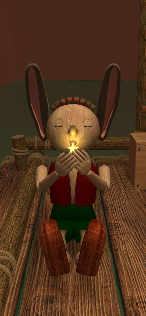 Room Escape Game-Pinocchio - Pinocchio puppet with donkey ears holding a glowing star while sitting on a wooden raft