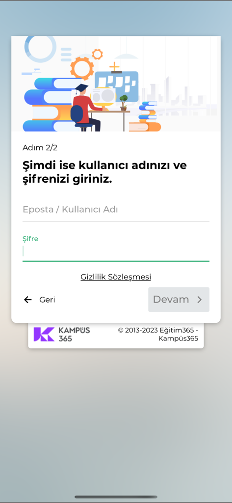 K365 - Login screen of the K365 mobile app showing username and password input fields for student access