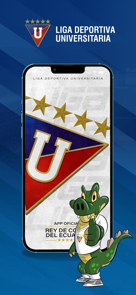 LDU Oficial - Pantalla de bienvenida de la aplicación oficial de fútbol LDU con el logo y la mascota del club.