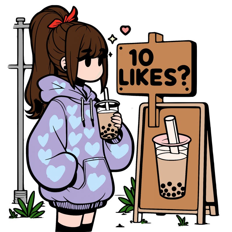 girl with oversized hoodie drinking boba and she has a high ponytail with a sign that says 10likes?