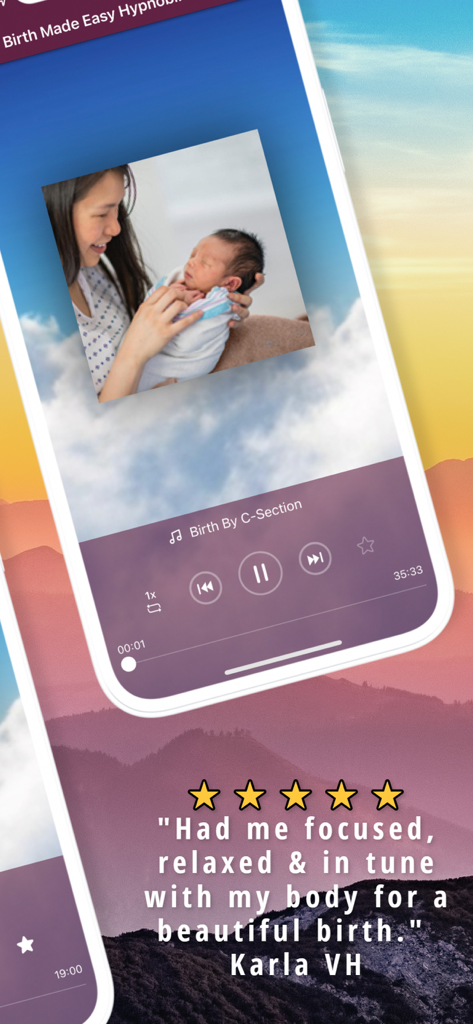 Hypnobirthing app audio player featuring a C-section relaxation track and a five star user review