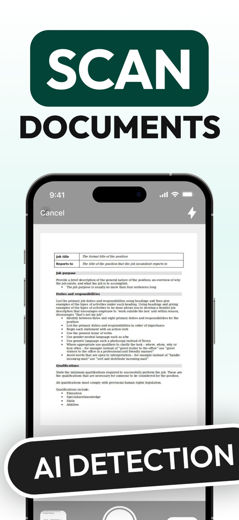 CamSCAN PDF・Document Scanner - Interfaccia dell'app CamSCAN che mostra un documento in fase di scansione con tecnologia di rilevamento AI