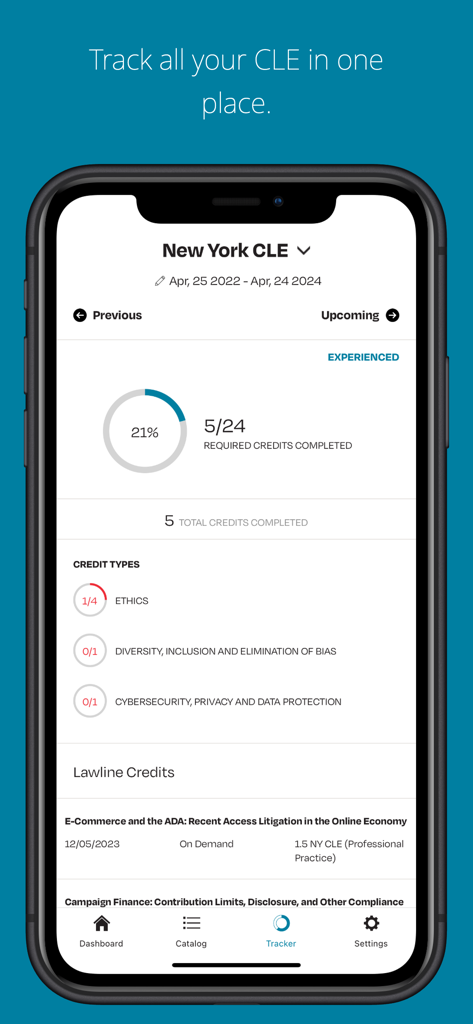 Lawline CLE - Mobile app dashboard showing progress for New York CLE credits with categories like Ethics and Diversity
