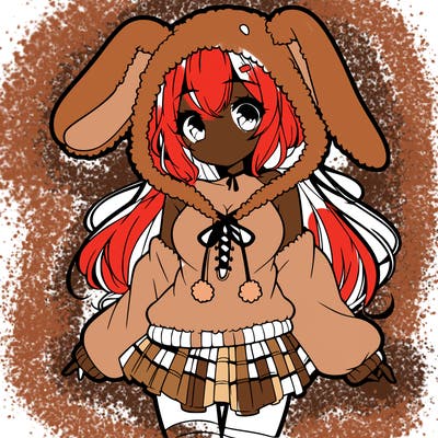 pretty anime girl wearing a fluffy hoodie with bunny ears on the hood and a skirt