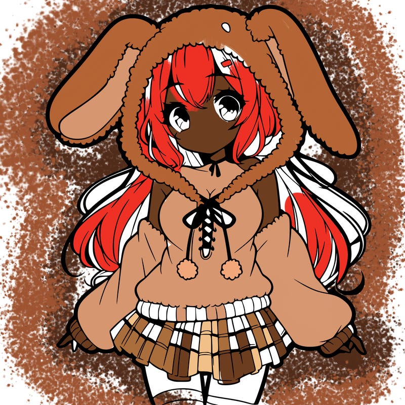 pretty anime girl wearing a fluffy hoodie with bunny ears on the hood and a skirt