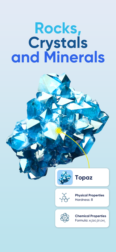 Rock Identifier app screen displaying detailed physical and chemical properties for a blue topaz crystal