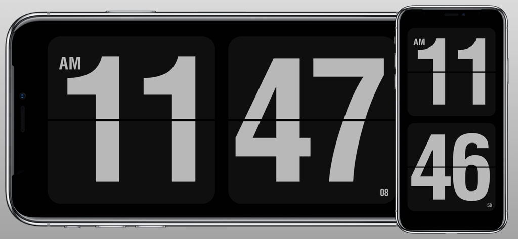 Reloj flip digital minimalista mostrado en iPhone en vistas horizontal y vertical.