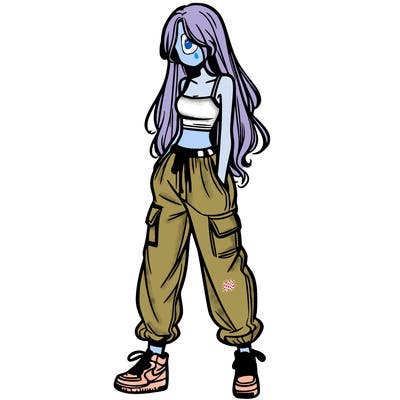 girl in baggy pants crop top and long hair