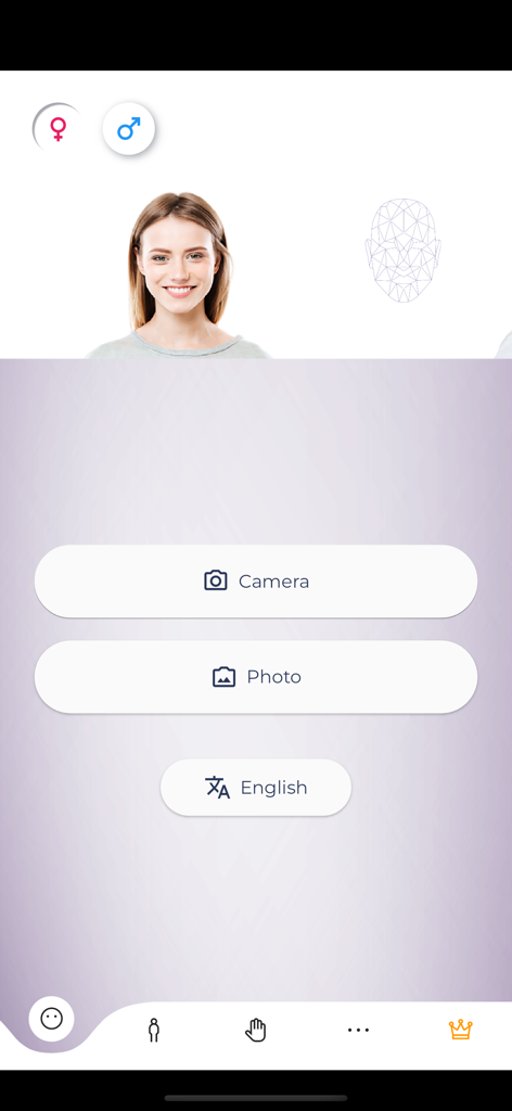 Golden Ratio Pro mobile app home screen showing facial analysis options with camera and photo upload buttons
