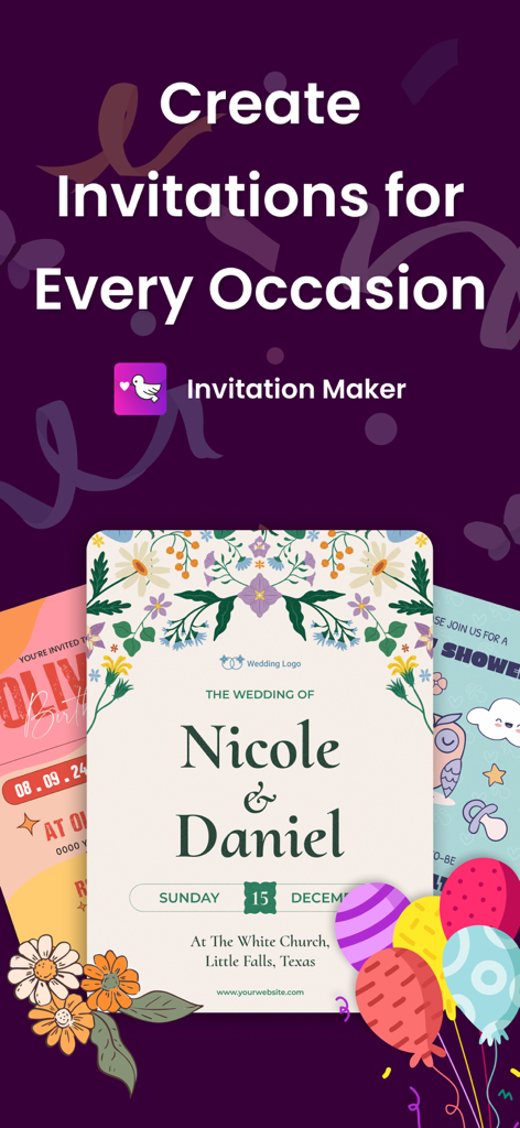 Invitation Maker - Card Maker - Invitation Maker app displaying custom wedding and party invitation templates with floral designs and balloons.