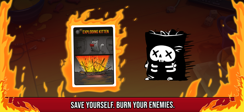 Exploding Kitten card engulfed in flames with a skeleton cat avatar and game text