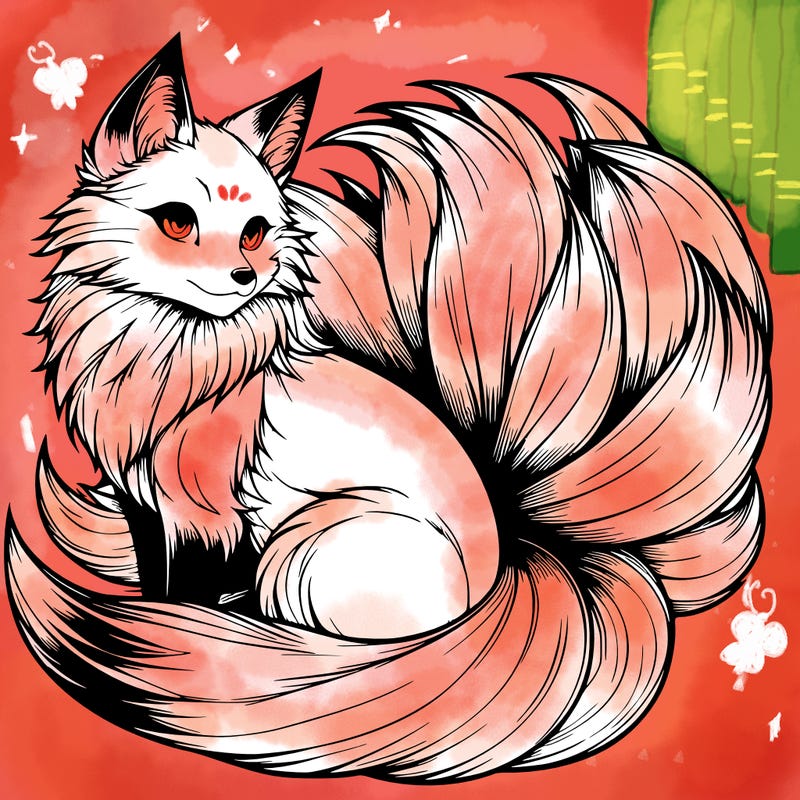 realistic detailed 9 tailed anime fox